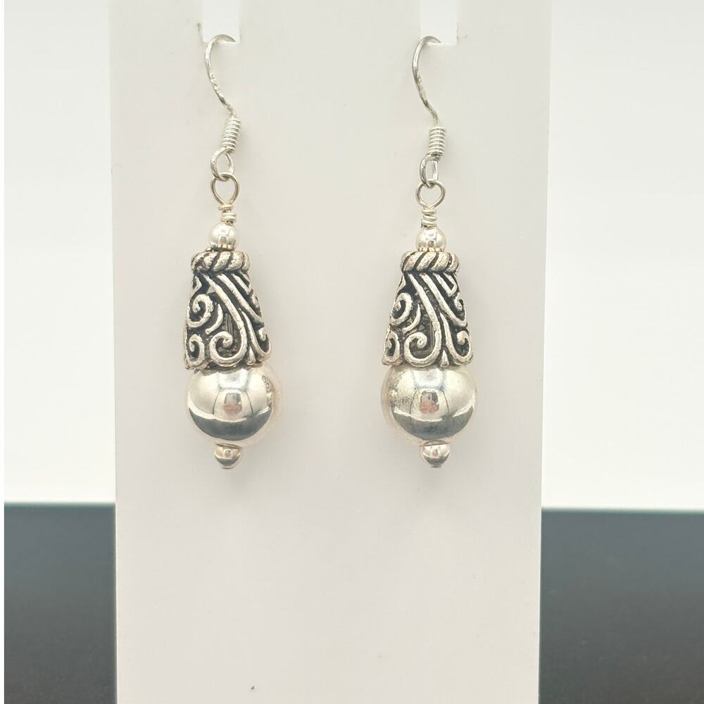 Sterling Silver 925 Filigree Drop Earrings • Swirl Cone & Bead Dangles